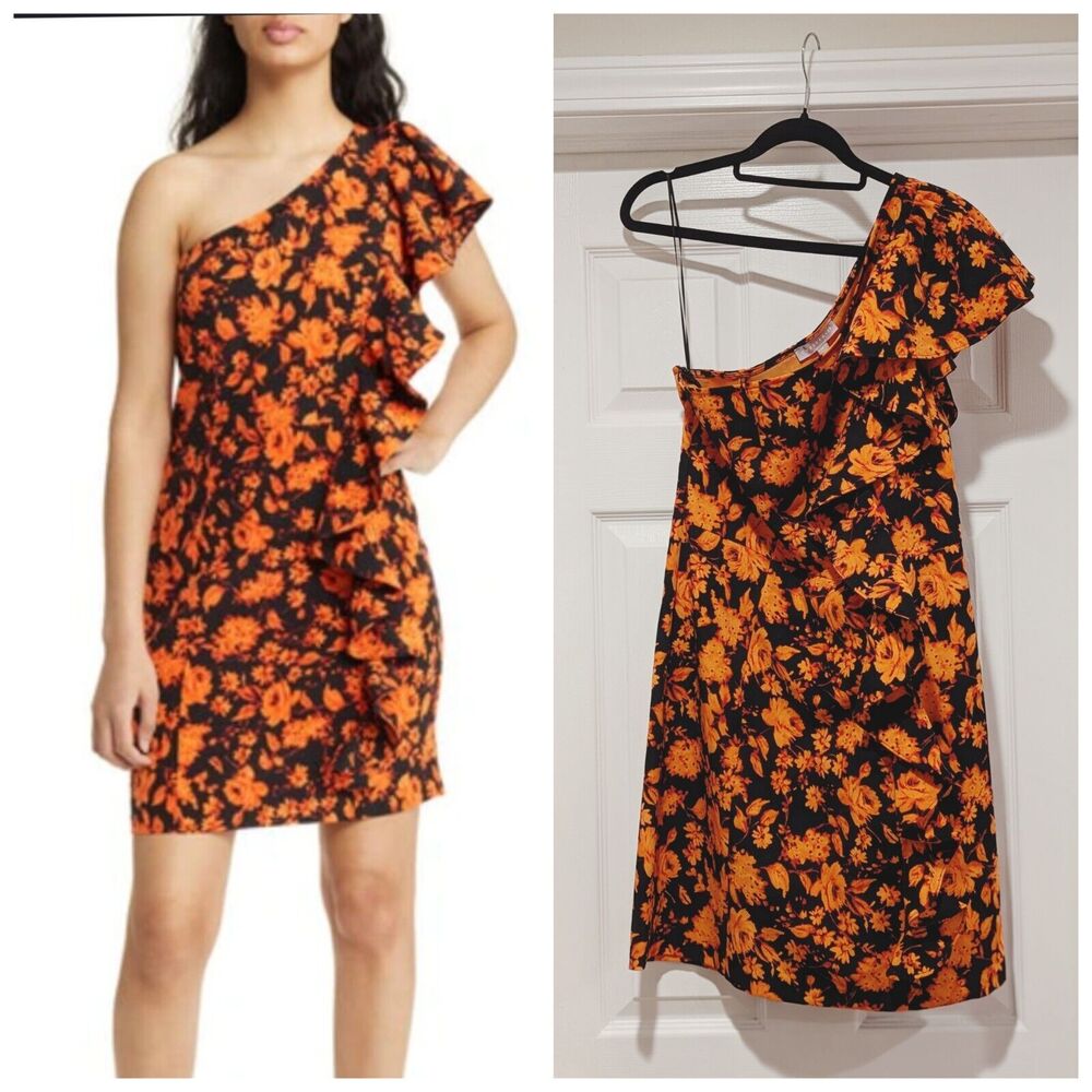 Cottagecore Cocktail Party Black Orange Ruffle One Shoulder Dress NWT‎ Medium